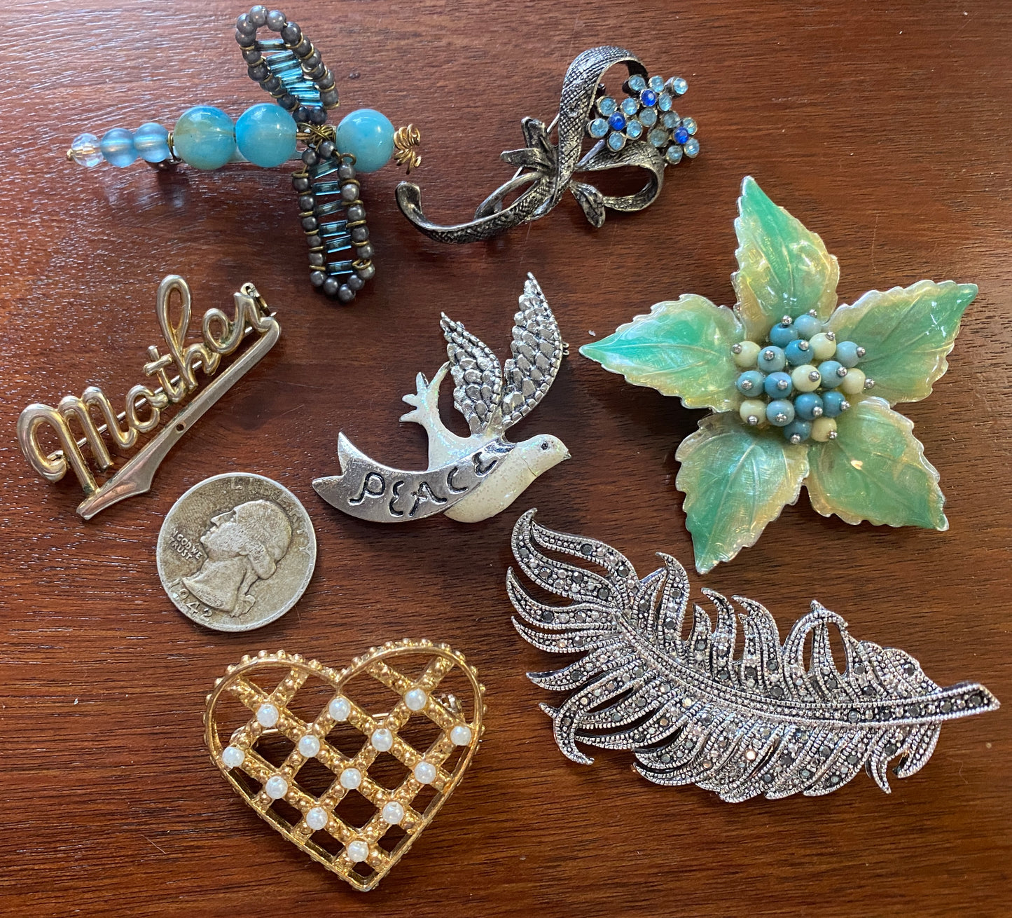 Set Lot of Brooches Pins Enamel Heart Faux Pearl