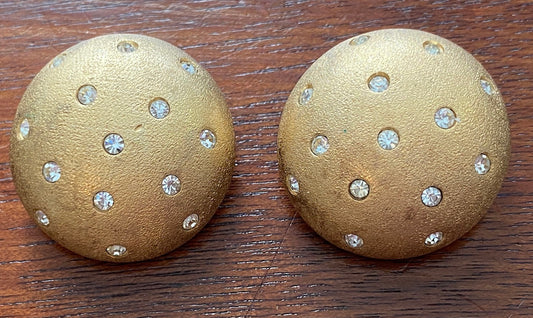 Vintage Swarovski Crystal Domed Brushed Gold Tone Clip on Earrings