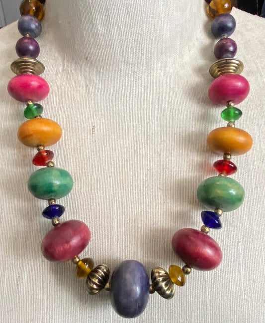 Vintage Large Colorful Wood Bead Long Necklace