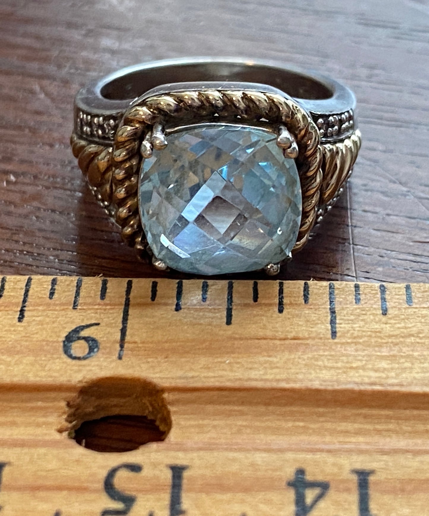 Sterling Silver 925 14k Yellow Gold Blue Topaz Diamond Ring Sz 5.25