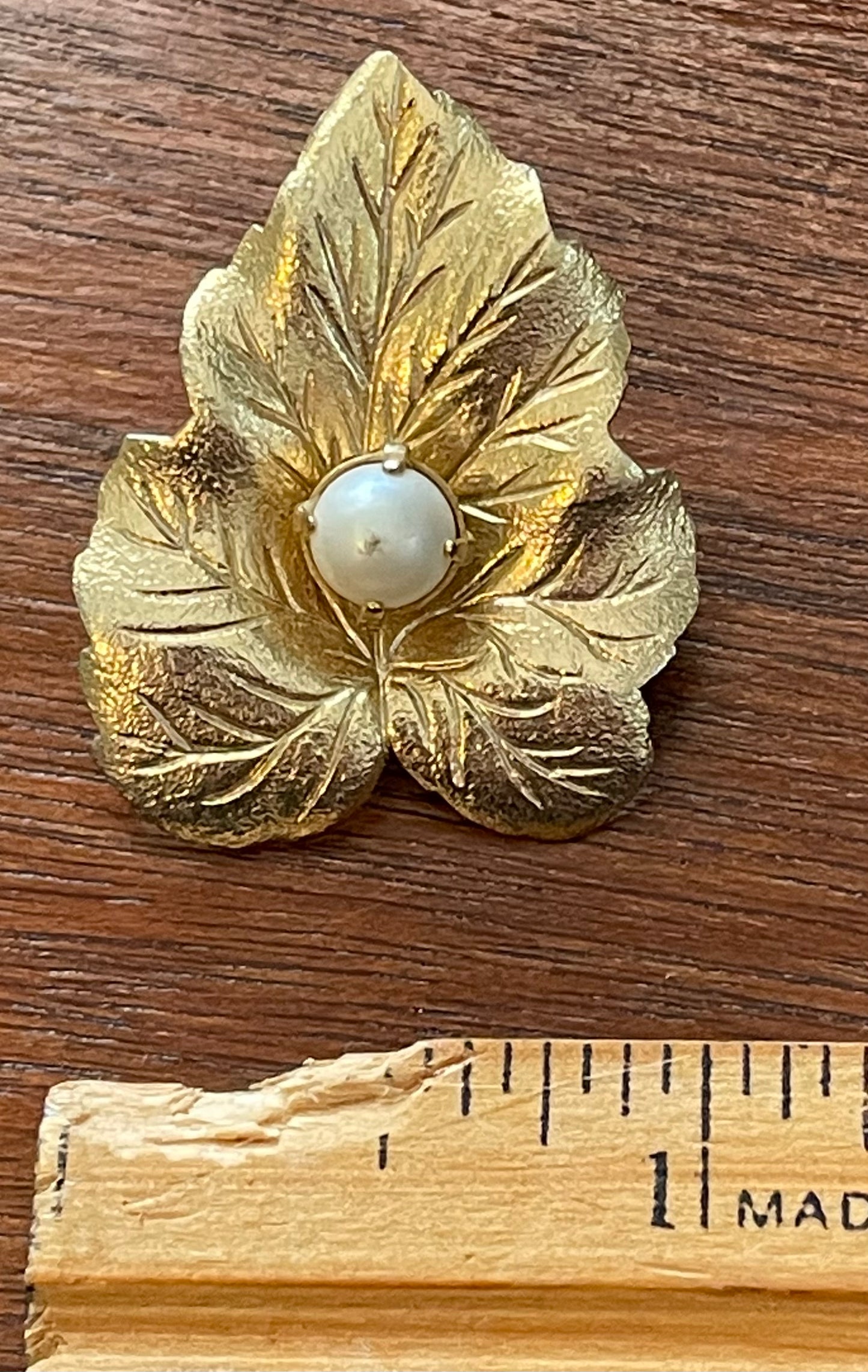 Vintage Gold Tone Metal Faux Pearl Leaf Brooch Pin