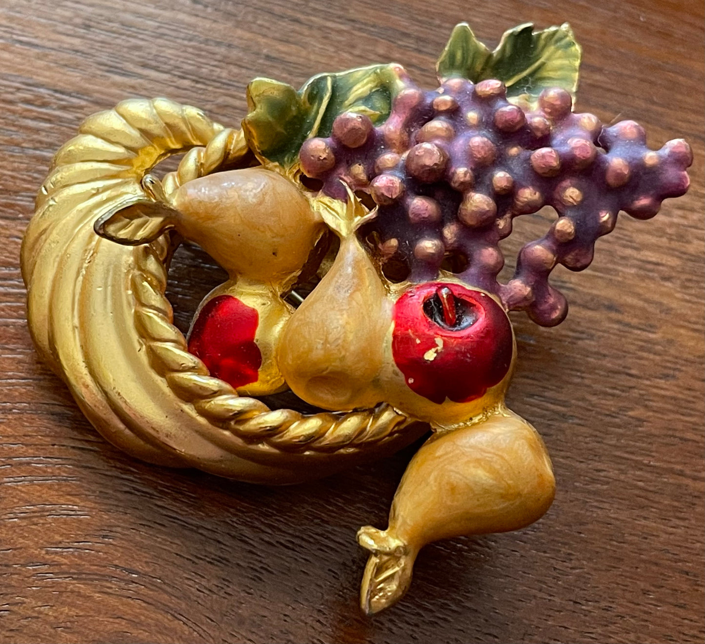 Vintage Signed AAI Cornucopia Harvest Painted Fruit Brooch Pin