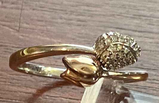 Sterling Silver 925 Gold Wash Pave Diamond Bypass Rose Flower Ring Sz 9