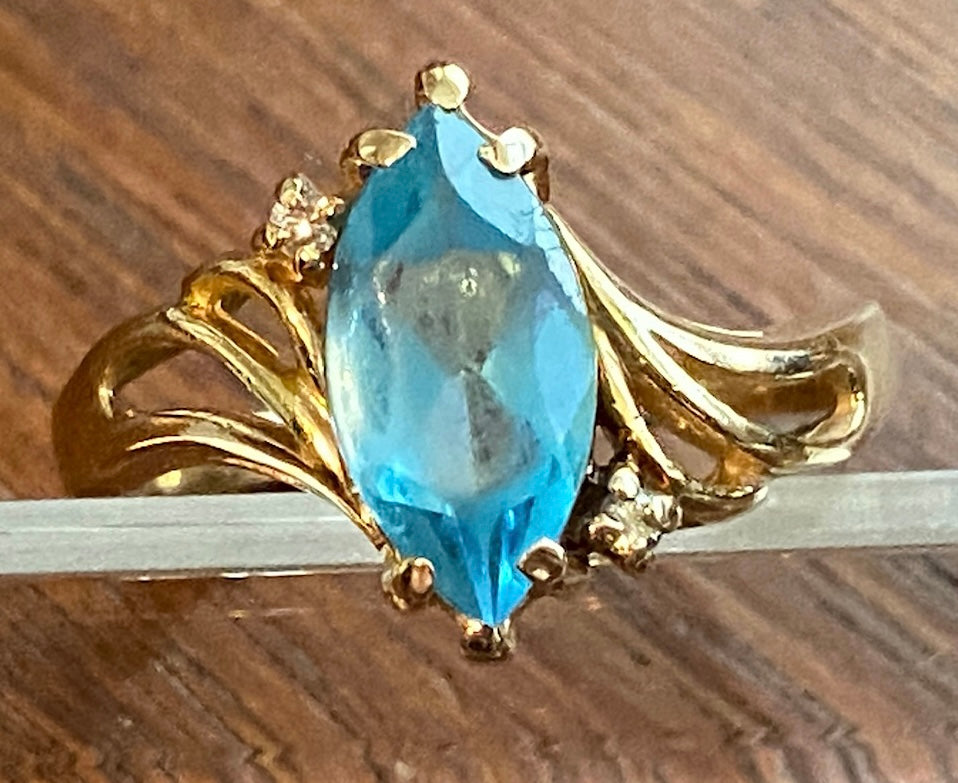 14k Yellow Gold Marquise Aquamarine Diamond Accent Ring Sz 9