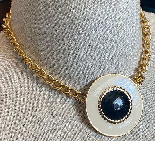 Vintage Beige Black Gold Tone Collar Necklace Large Round Pendant