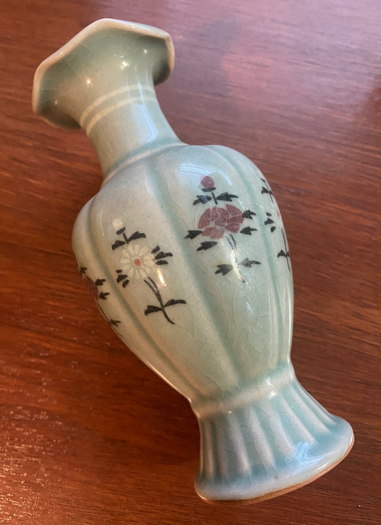 Vintage Signed Korean Celadon Painted Small Flower Vase