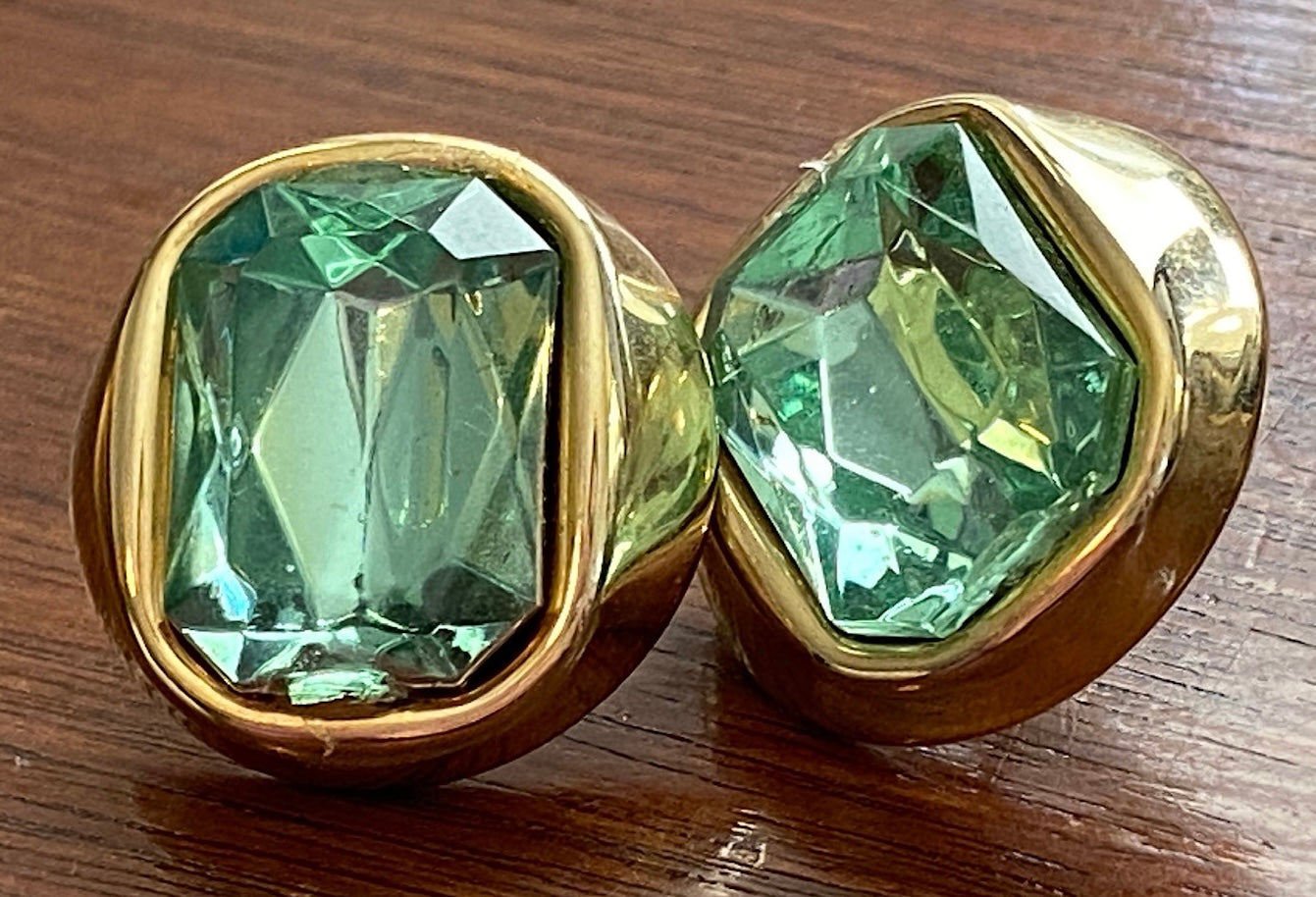 Vintage 80's Gold Tone Seafood Green Rhinestone Pierced Earrings