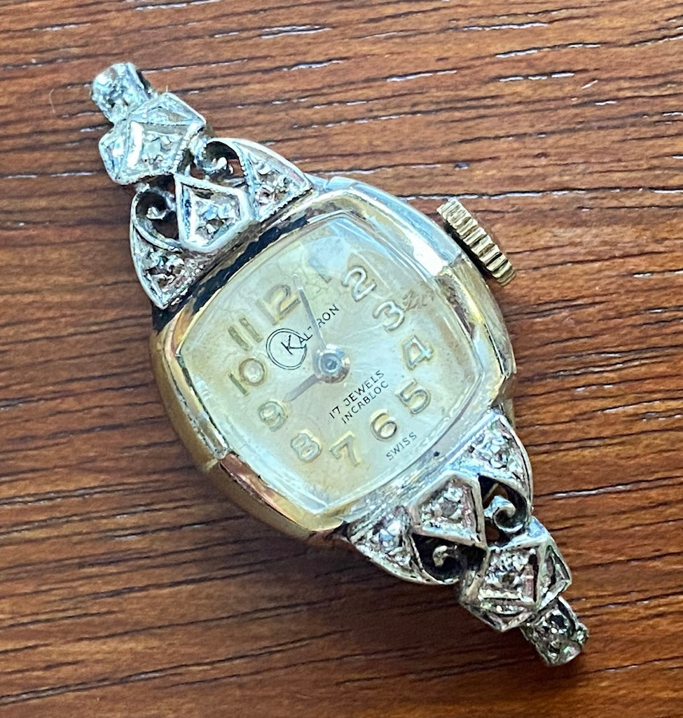 Vintage Kaltron 17j 10k Rolled Gold Wristwatch Diamond Accents