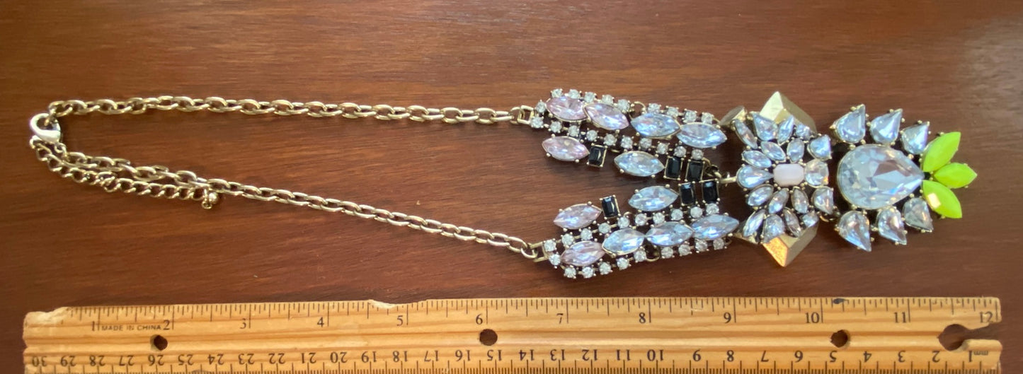 Gold Tone Metal Rhinestone Green Statement Pageant Necklace