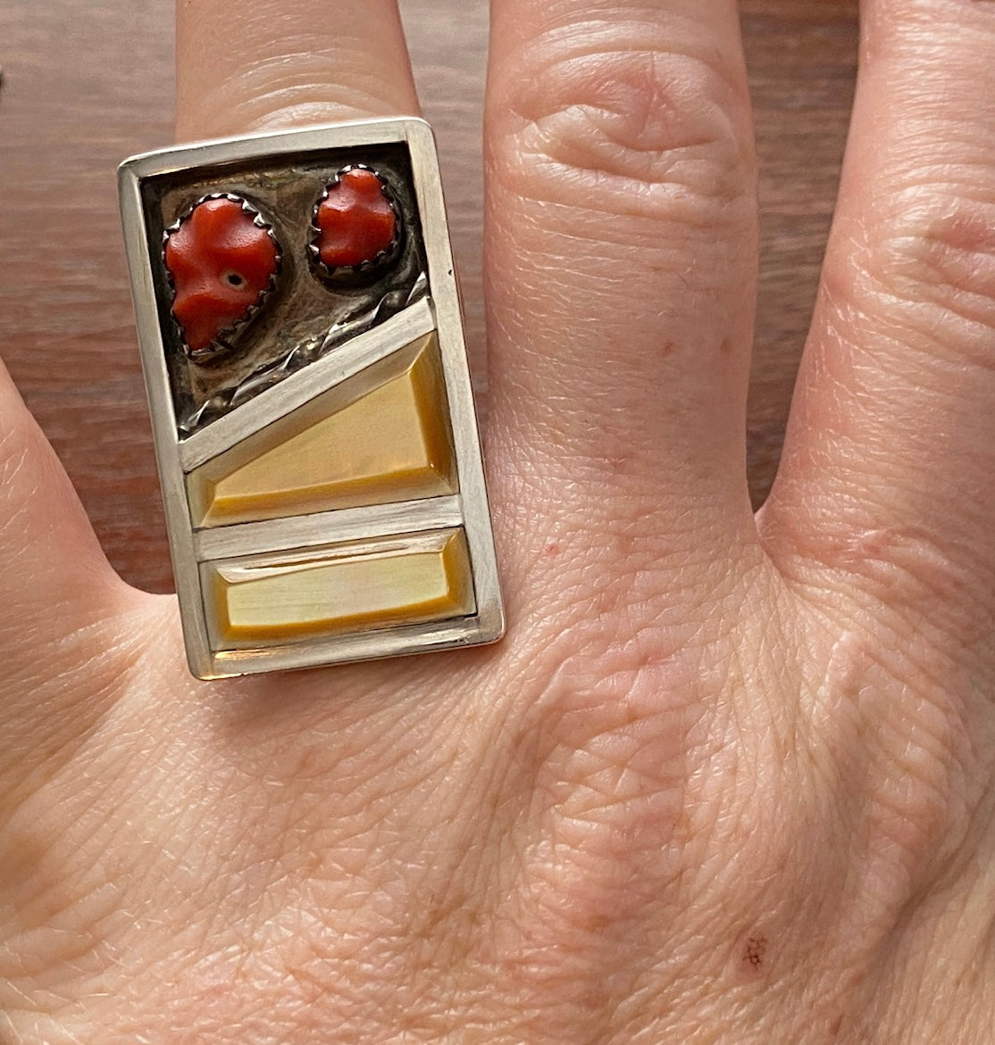 Vintage F Panteah Zuni MOP Red Coral Statement Modernist Ring Sz 6.25