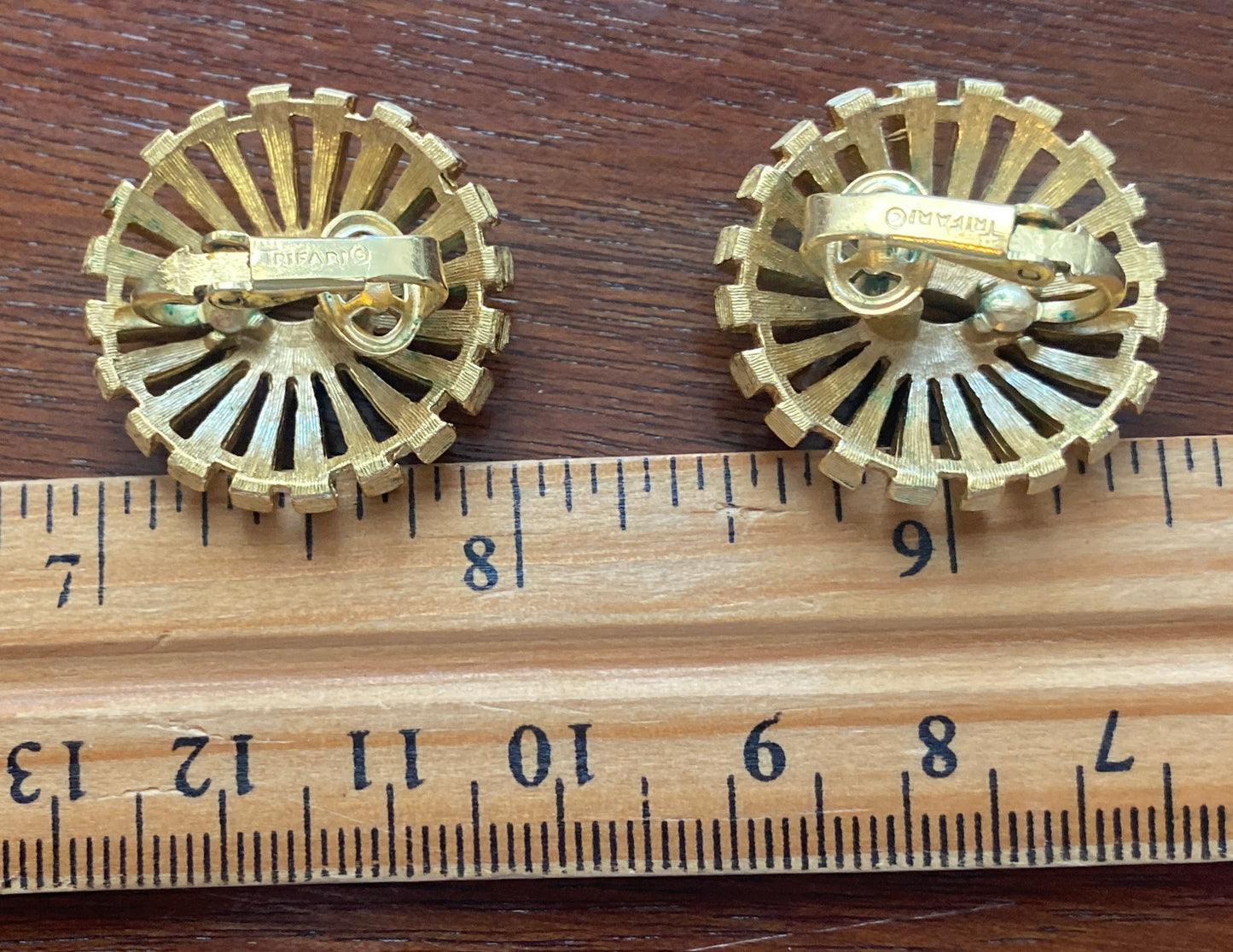 Vintage Signed Trifari Two Tone Gold Metal Domed Clip on Earrings