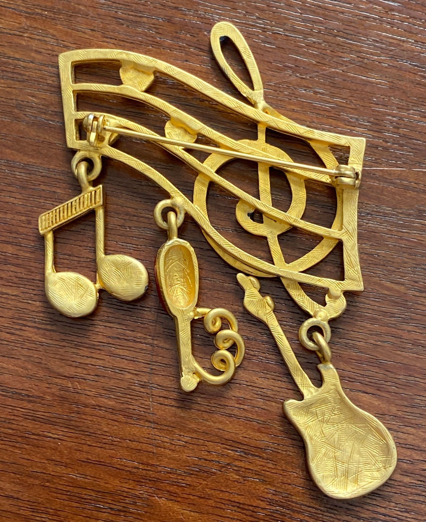 Vintage Large Brushed Gold Tone Enamel Music Theme Guitar Brooch Pin