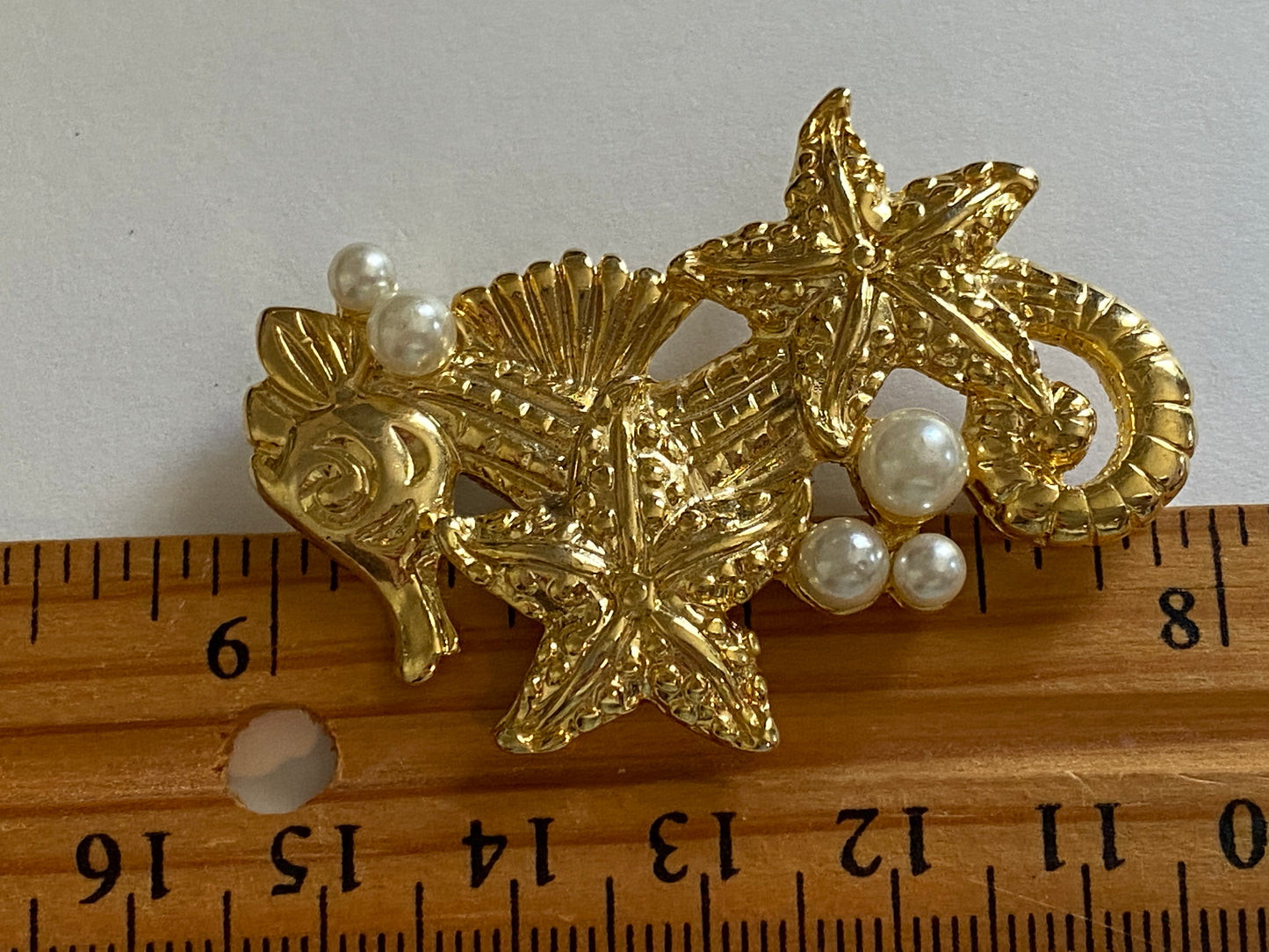 Vintage Seahorse Faux Pearl Starfish Gold Tone Metal Brooch Pin