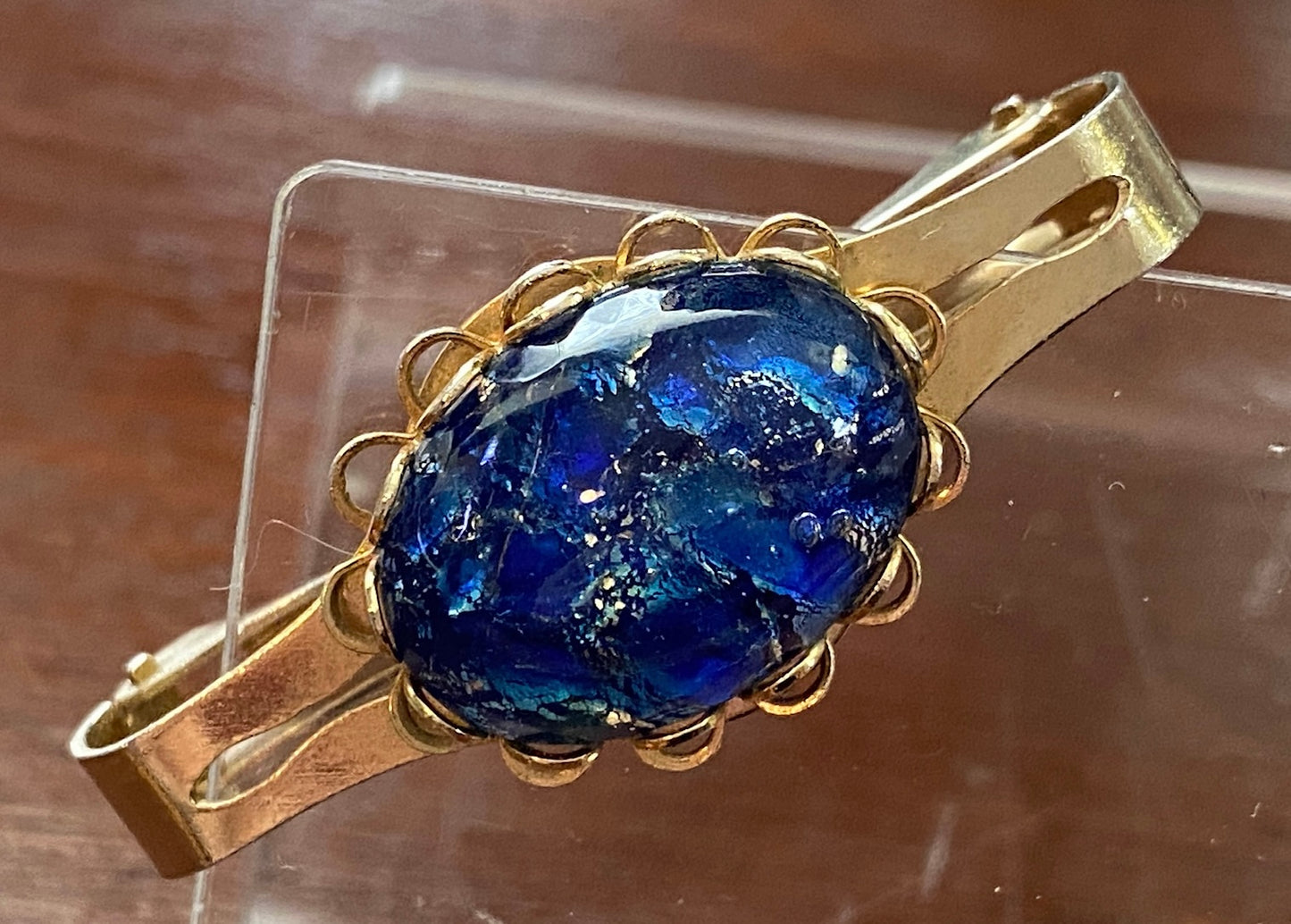Vintage Blue Art Glass Scarf Clip Gold Tone