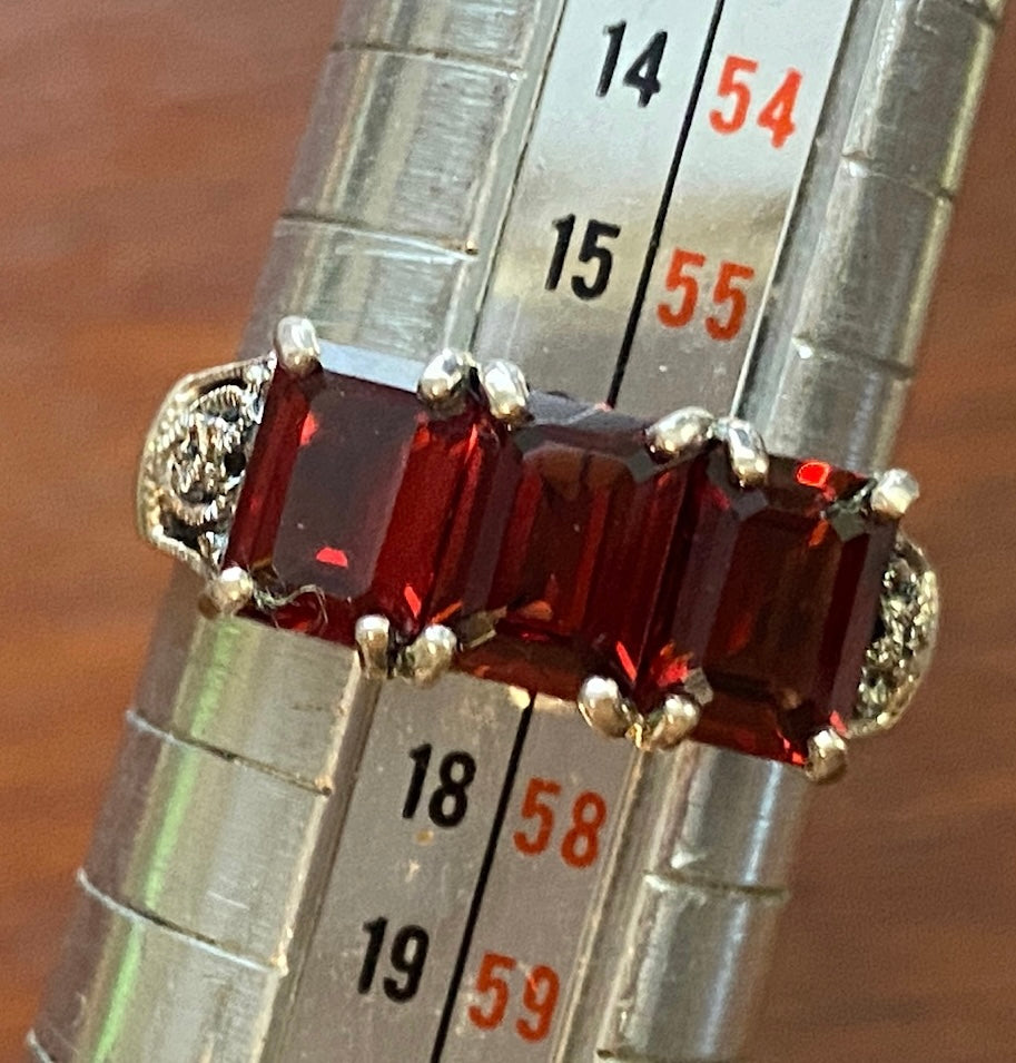 Sterling Silver 925 Emerald Cut Garnet 3 Stone Ring Sz 7.75 CNA