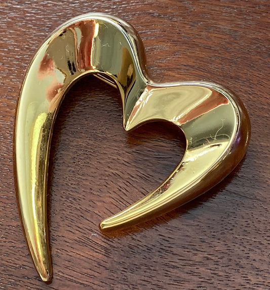 Vintage Shiny Gold Tone Modernist Abstract Heart Large Brooch Pin