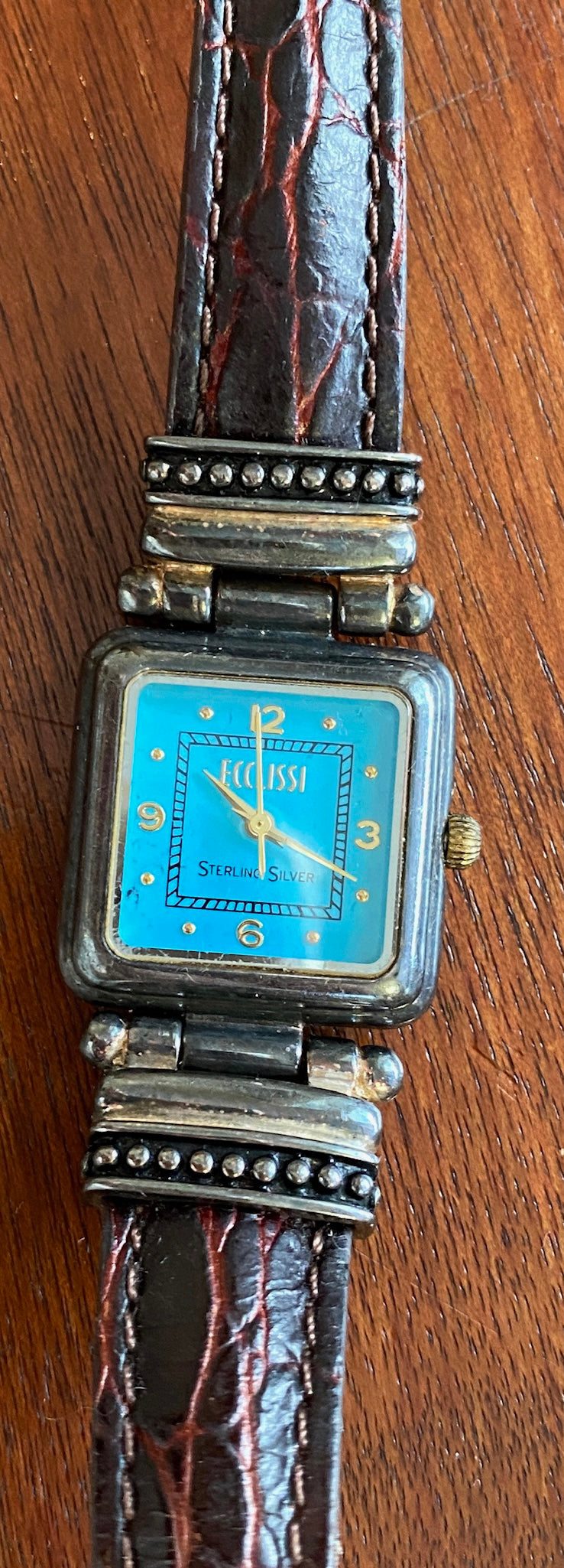 Ecclissi Sterling Silver 925 Blue Face Brown Leather Band Wristwatch