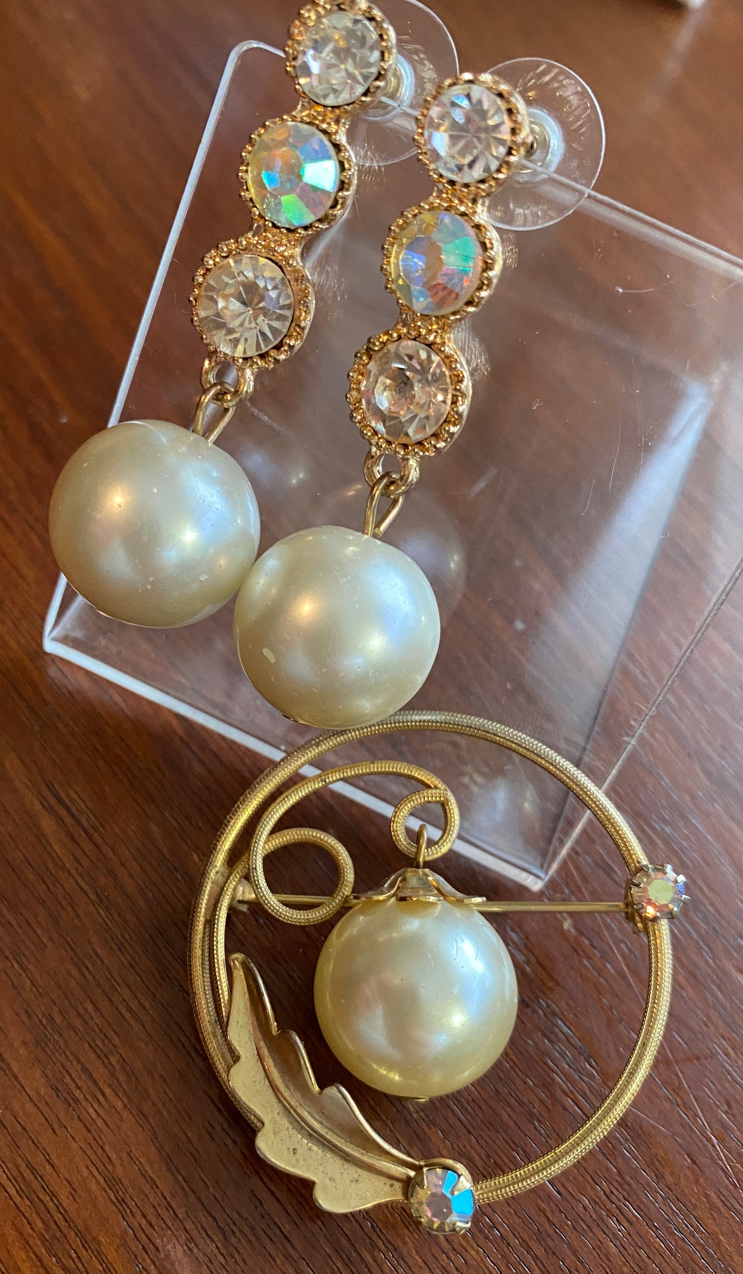 Vintage Faux Pearl AB Rhinestone Brooch and Earrings Set