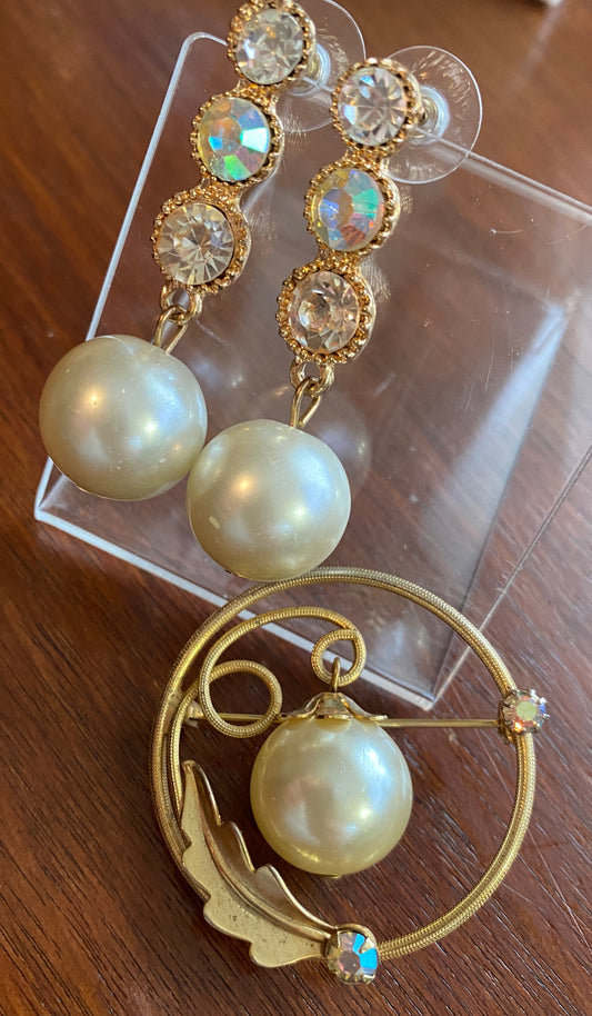Vintage Faux Pearl AB Rhinestone Brooch and Earrings Set