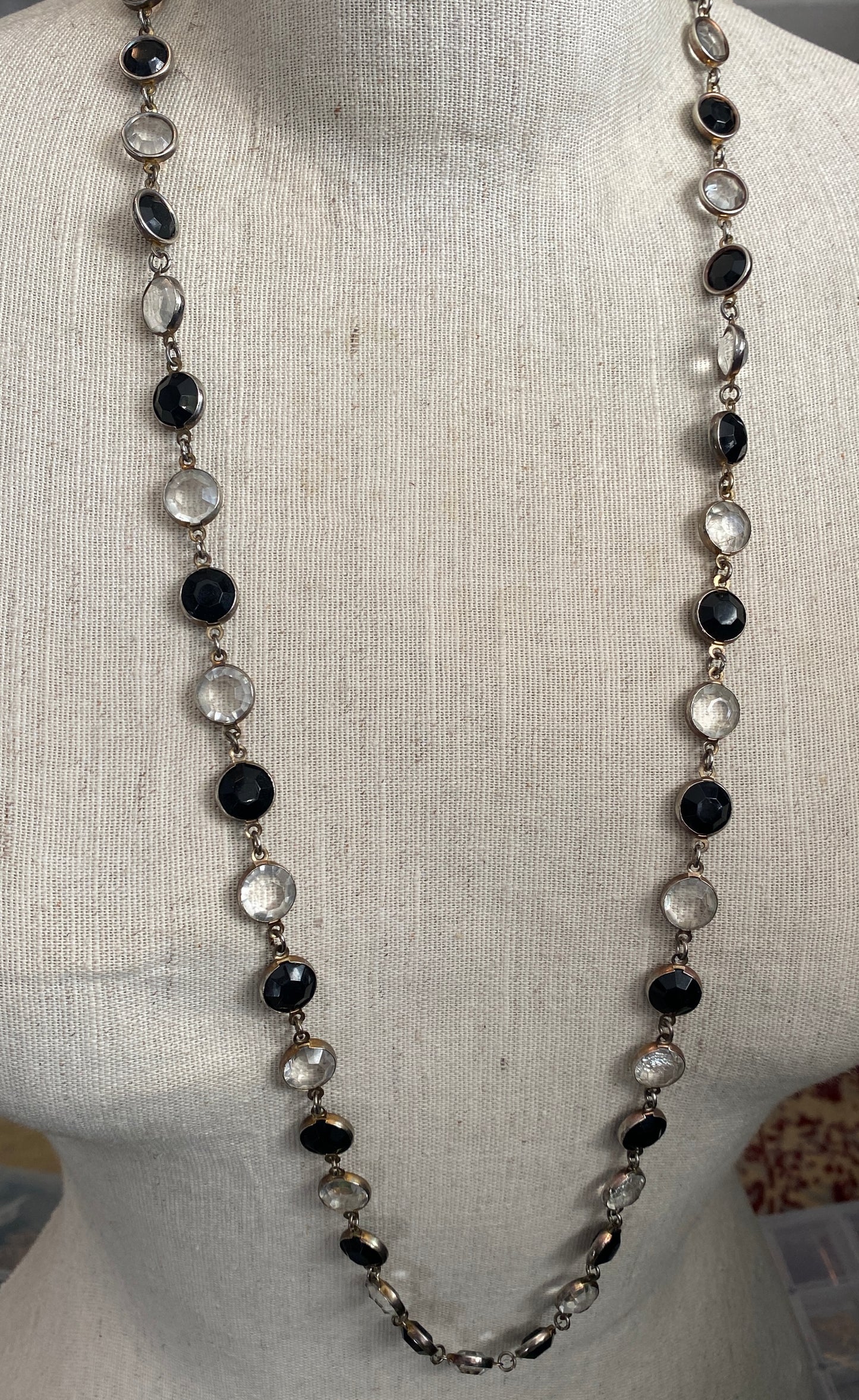 Vintage Silver Tone Metal Black Clear Open Bezel Long Chain Necklace