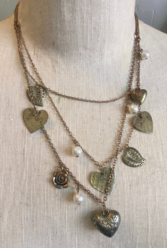 Bronze Brass Tone Puffy Heart Charm Faux Pearl Multistrand Necklace