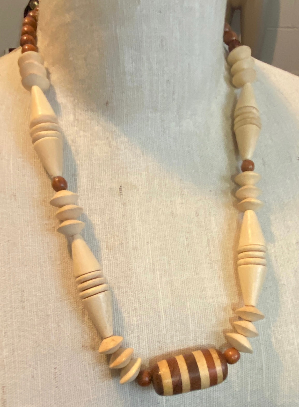 Vintage Striped Wood Bead Carved Single Strand Necklace