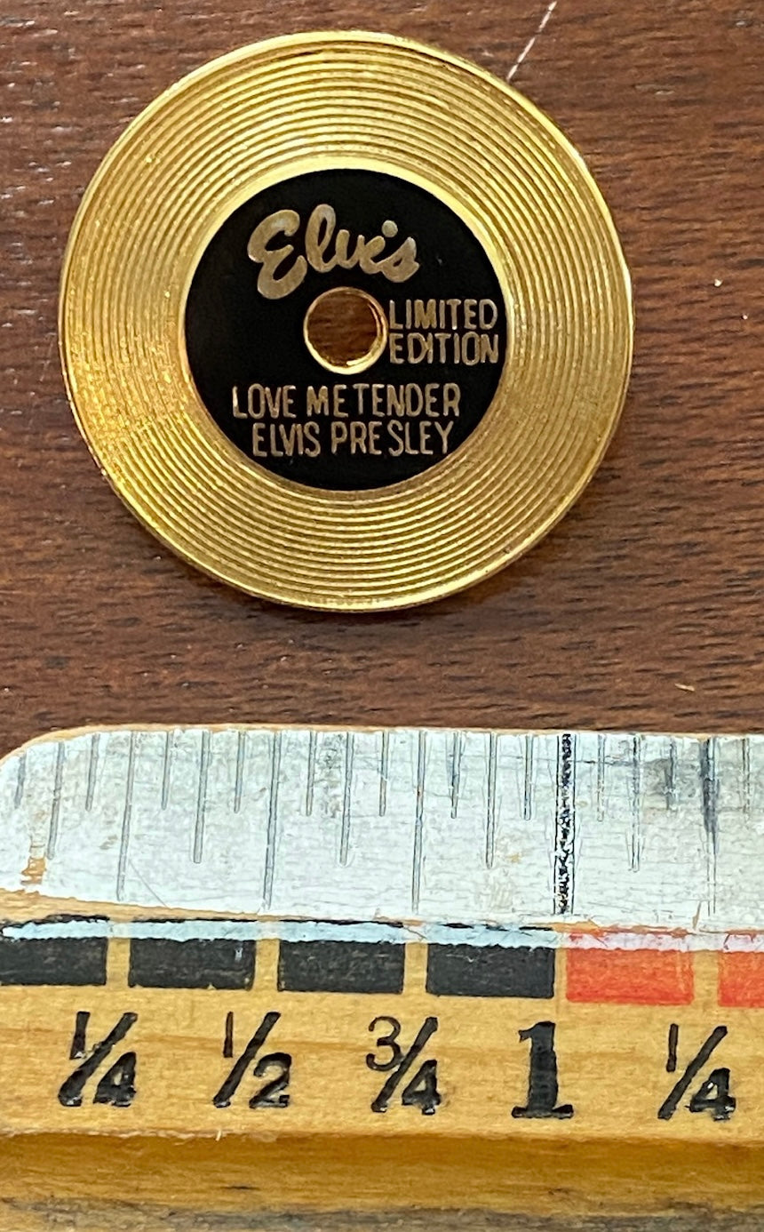 Gold Tone Metal Black Enamel Elvis Limited Edition Love Me Tender Pinback Pin