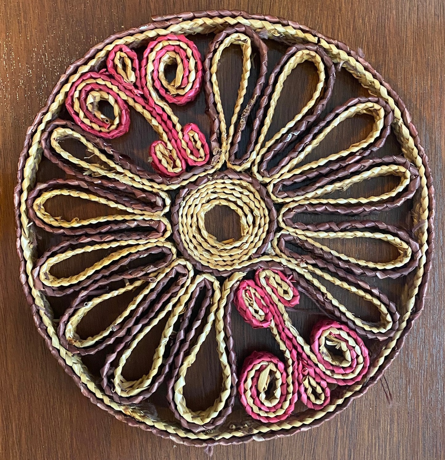 Vintage 70's Woven Rattan Trivet Round