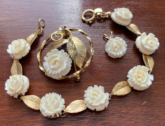 Karen Lynne 3 Piece Set 12k Gold Filled Rose Bracelet Brooch Pendant