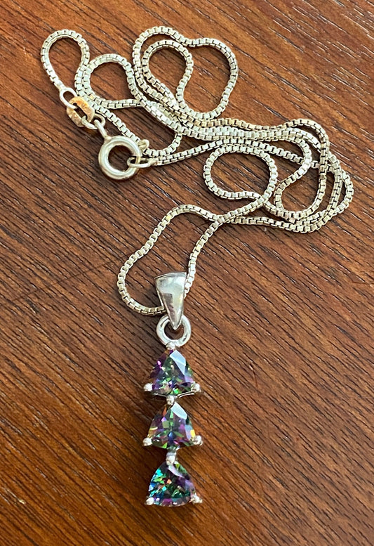 Sterling Silver Box Chain w AB Aurora Borealis Pendant Necklace