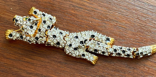 Vintage Green Eyes Rhinestone Leopard Articulated Brooch Pin