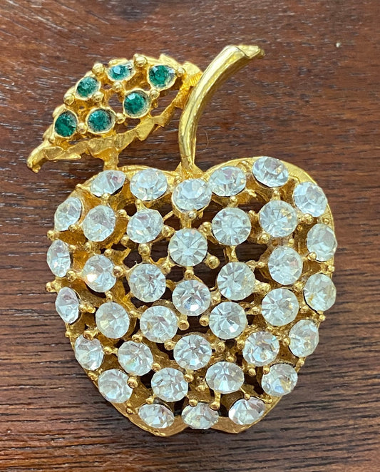 Domed Gold Tone Metal Rhinestone Apple Brooch Pin