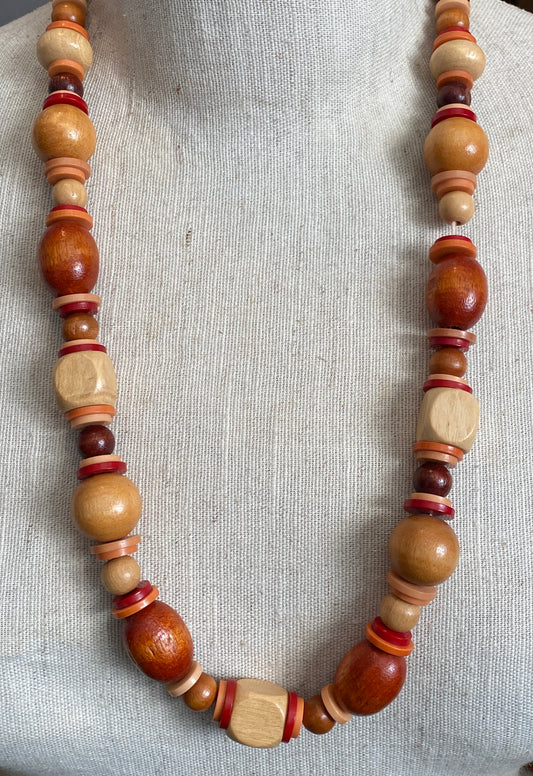 Vintage Wood Bead Long Necklace
