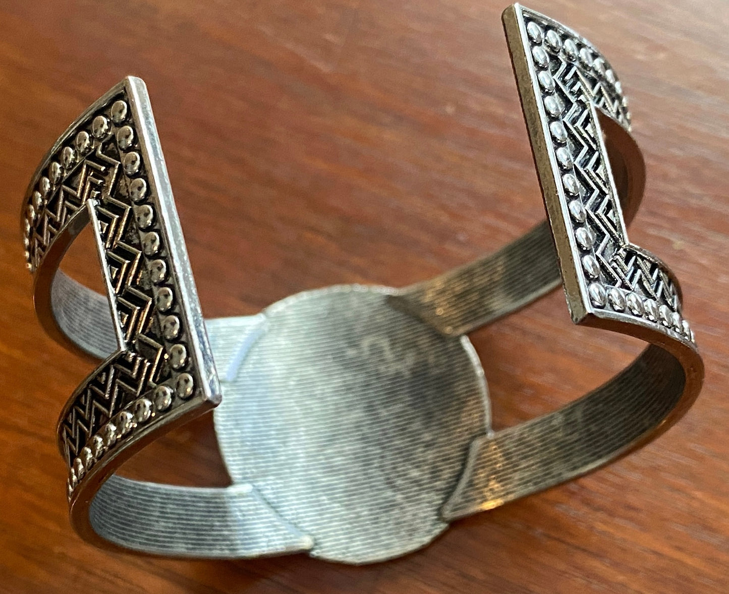 Wide Boho Silver Tone Patterned Metal Medallion Cuff Bracelet