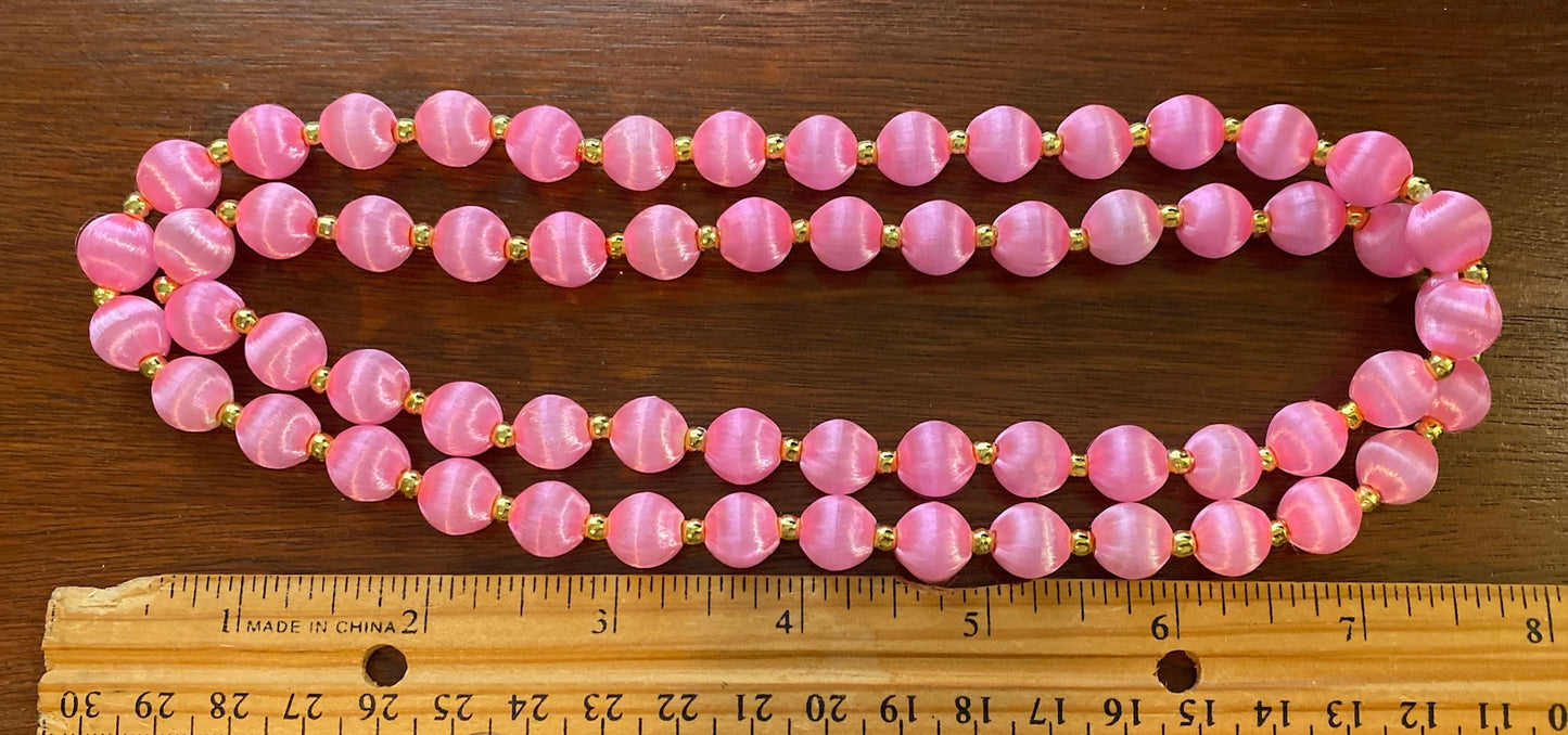 60's Bright Neon Pink Satin Bead Shiny Gold Bead Long Necklace