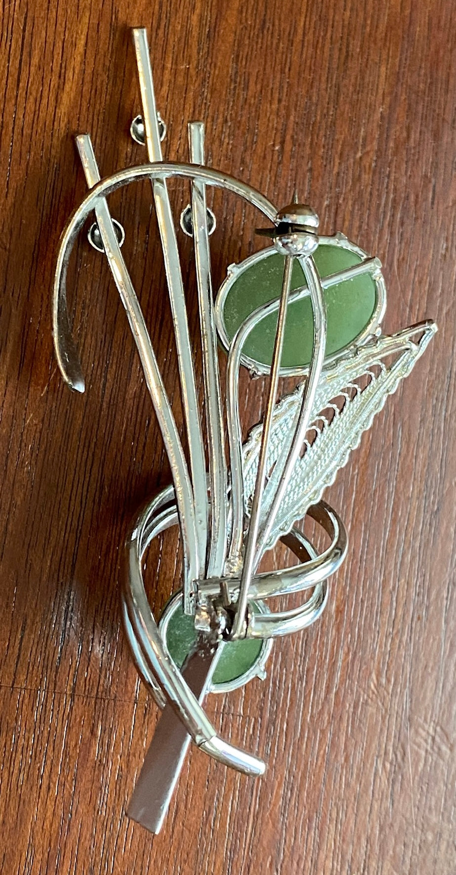 Silver Tone Metal Faux Jade Cabochon Flower Floral Brooch Pin