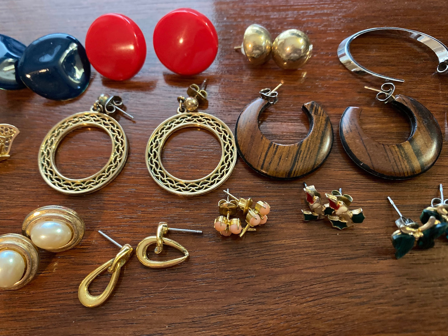 Lot of Vintage to Now Pierced Earrings Faux Pearl Wood Silver Gold Tone