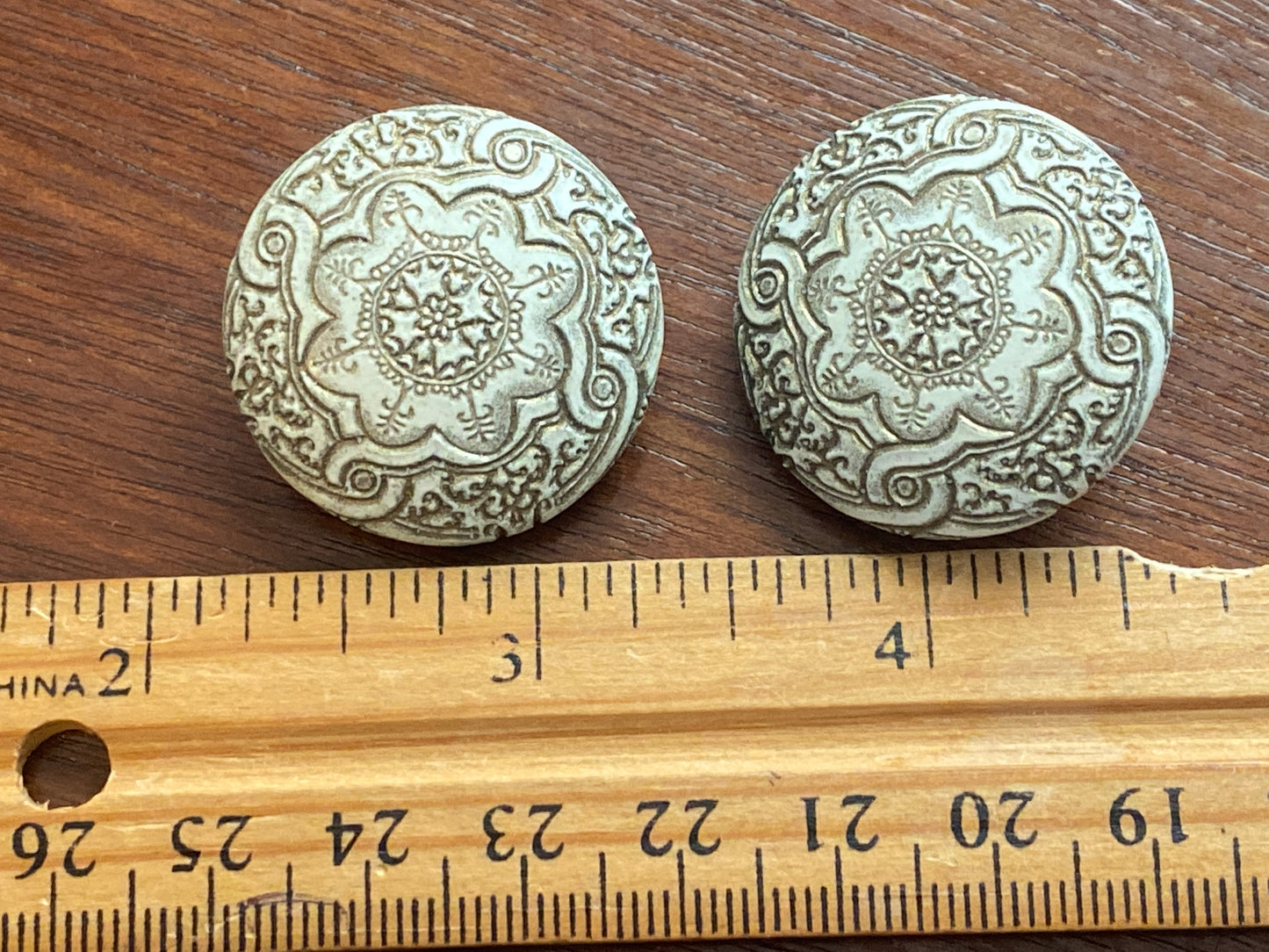 Vintage Carved Large Round Clip on Earrings Intricate Pattern