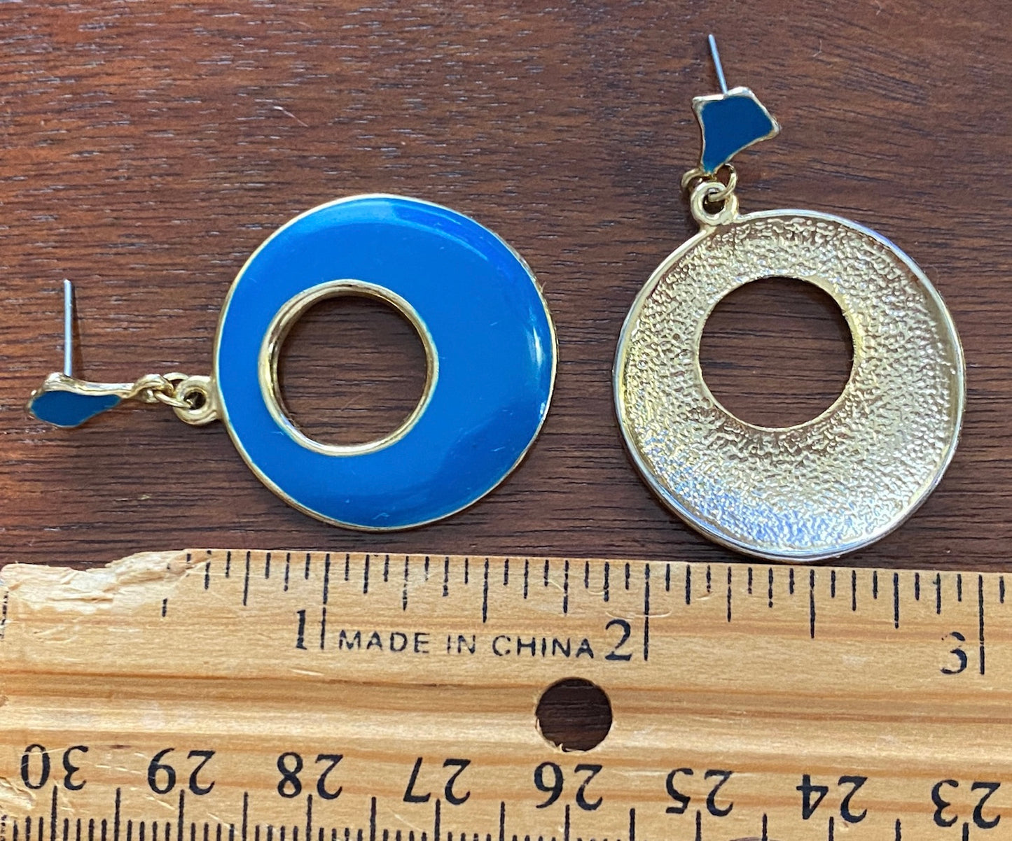 Vintage Gold Tone Metal Blue Enamel Drop Dangly Pierced Earrings
