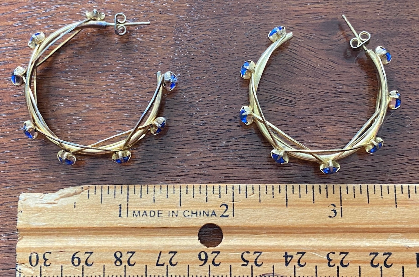 Vintage 80's Gold Tone Blue Rhinestone Half Hoop Pierced Earrings