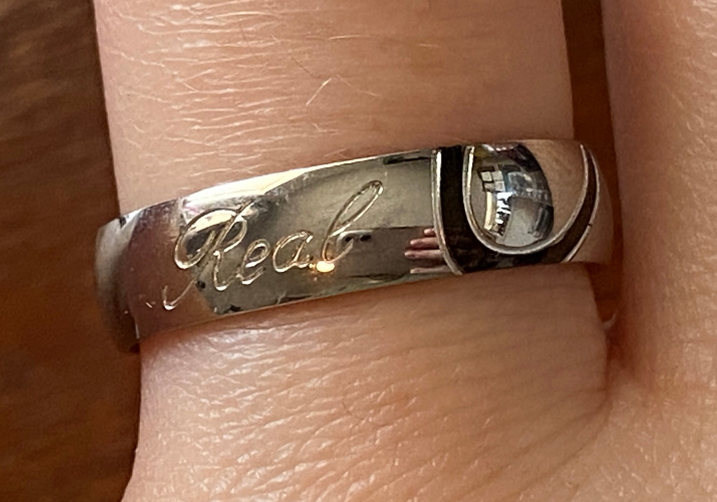 Stainless Steel Black Enamel 'Real Love' Engraved Ring Sz 8