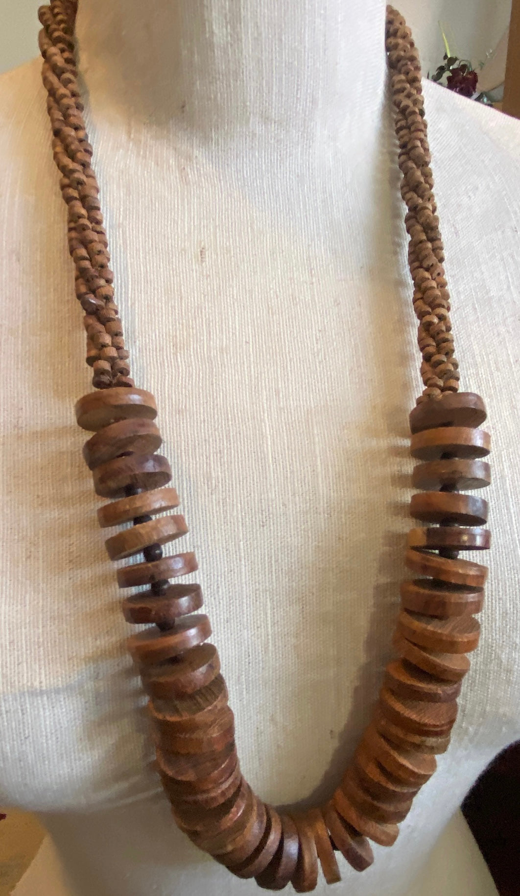 Vintage Wood Bead Disc Long Statement Necklace