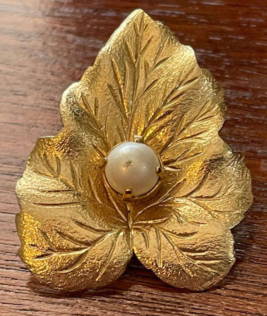 Vintage Gold Tone Metal Faux Pearl Leaf Brooch Pin