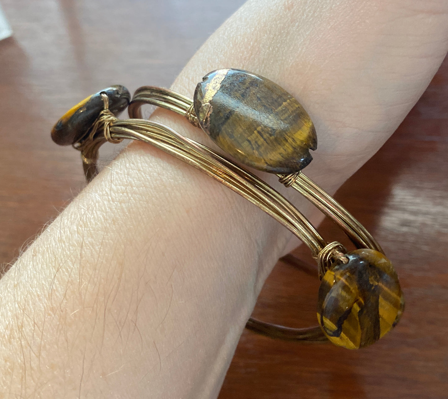 Wire Wrap Petrified Wood Stone Bangle Bracelet Set of 2