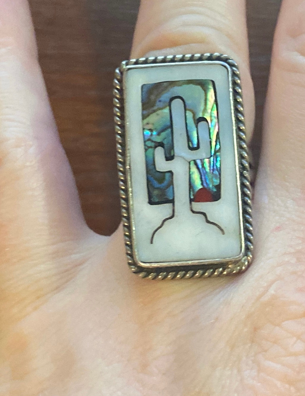 Sterling Silver MOP Abalone Inlay Cactus Ring Sz 7.5