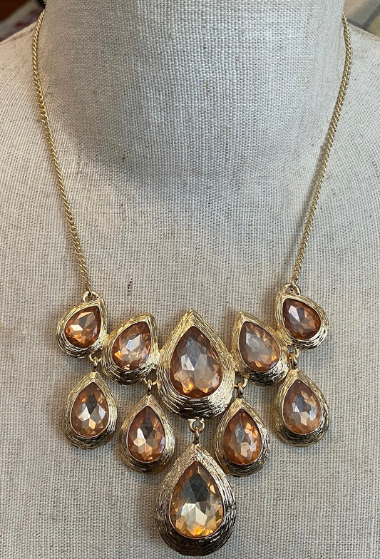 Jessica Simpson Gold Tone Metal Champagne Faux Stone Bib Collar Necklace