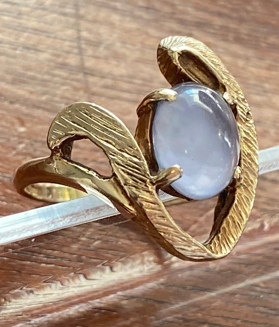 10k Yellow Gold Lavender Moonstone Brutalist Abstract Modernist Ring Sz 6.50