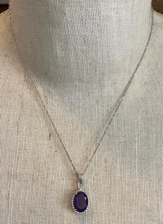 Sterling Silver 925 Chain Pendant Necklace Purple CZ