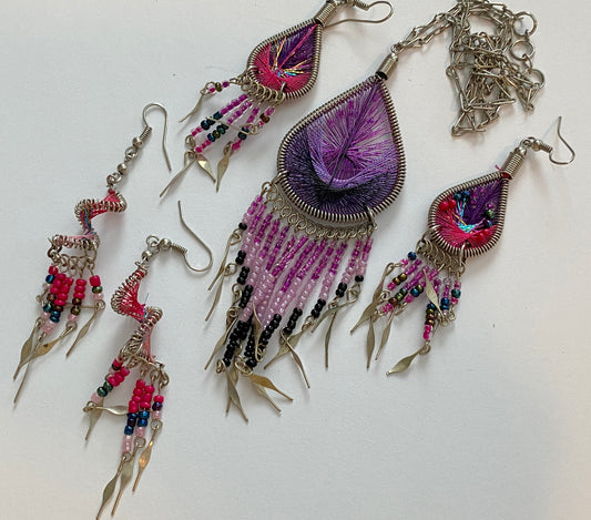 Feather Style Wire Bead Necklace Earrings Set Tassel Dangle