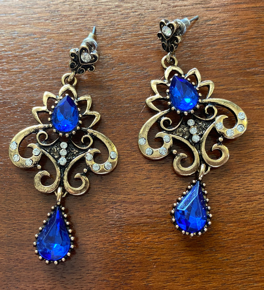 Vintage Style Drop Dangly Chandelier Gold Tone Blue Rhinestone Earrings